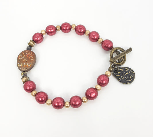 Iridescent Latte Skull + Crimson Beaded Bracelet