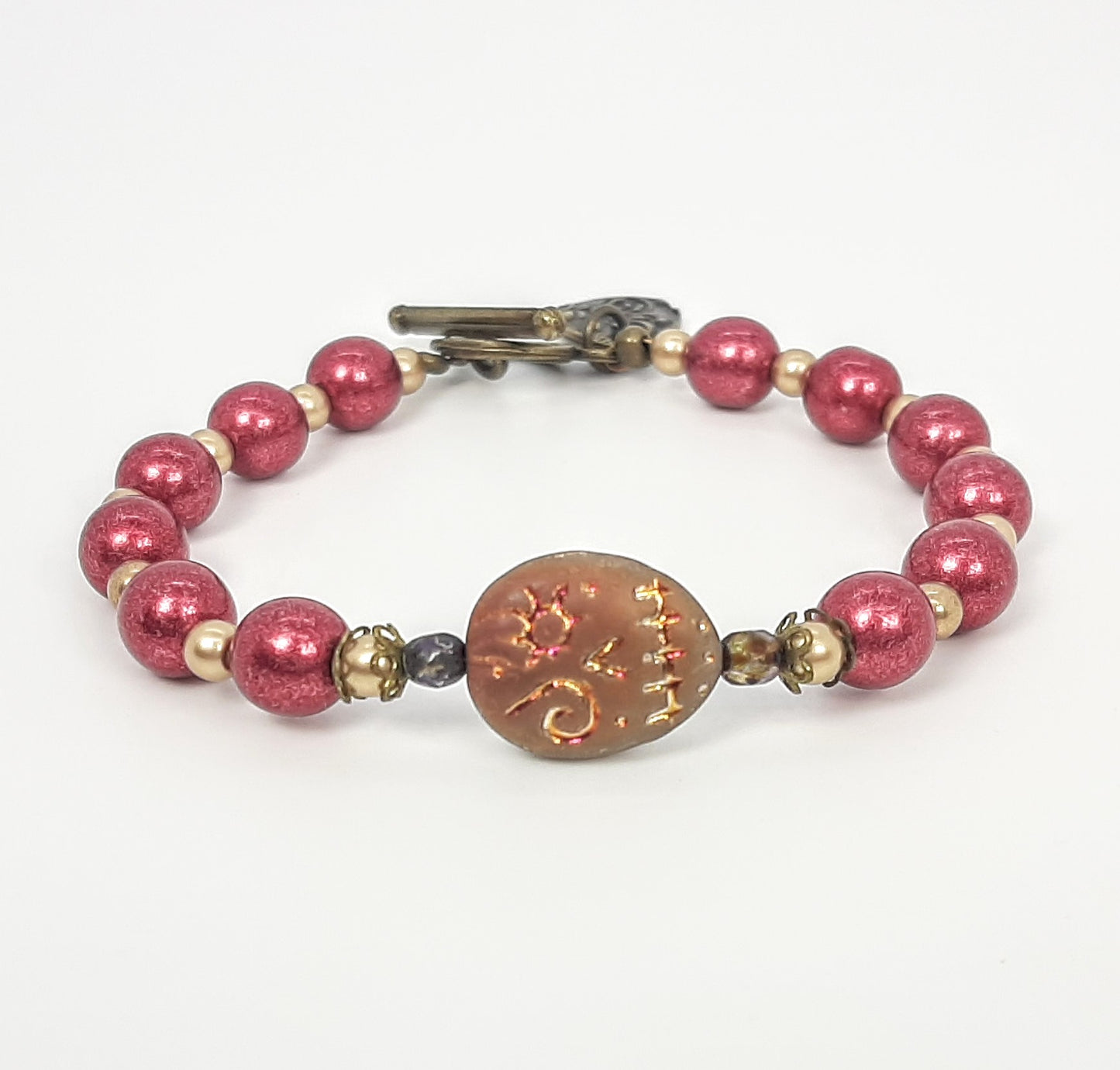 Iridescent Latte Skull + Crimson Beaded Bracelet