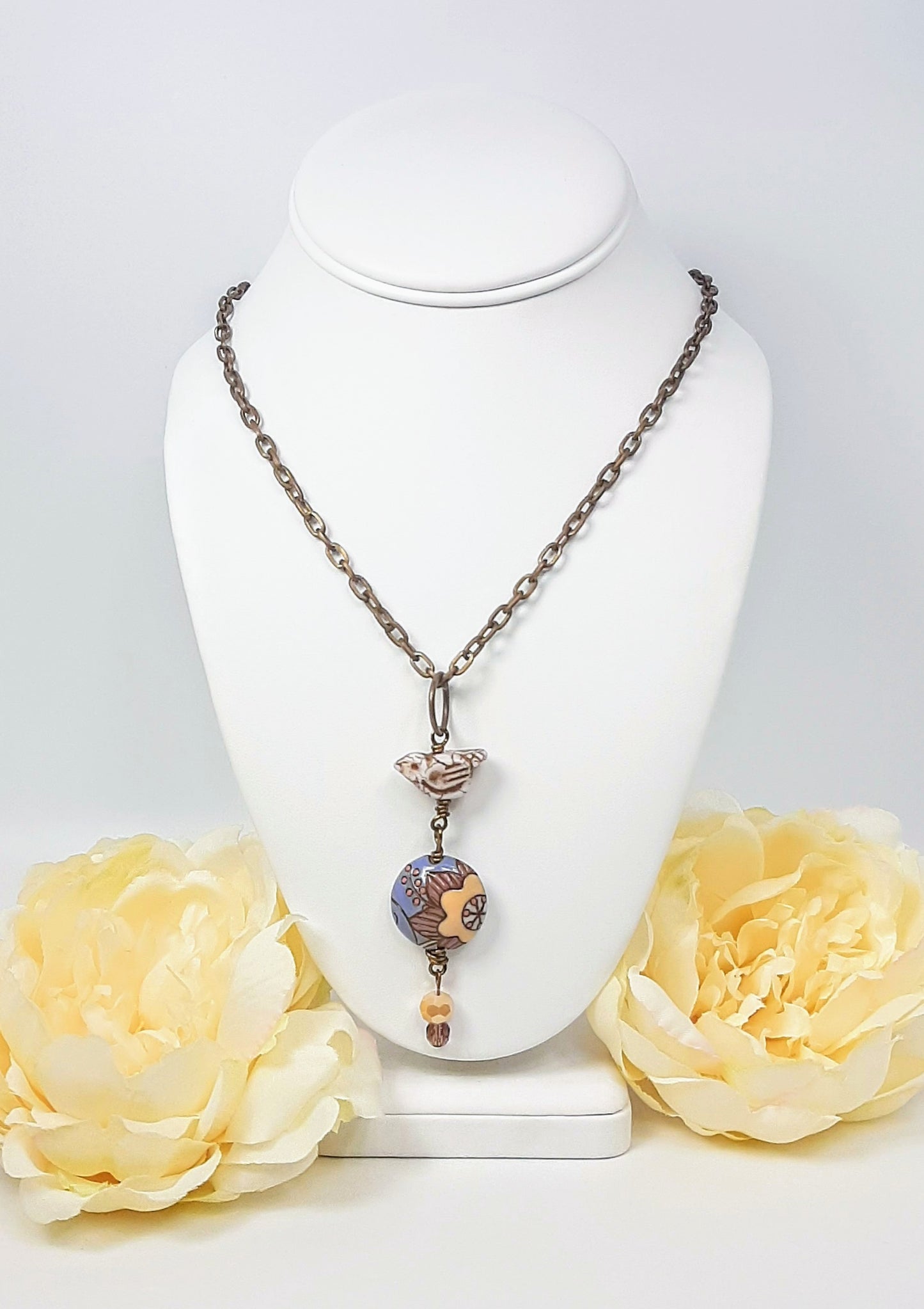 Bird + Peach Flower On Lavender Pendant Necklace