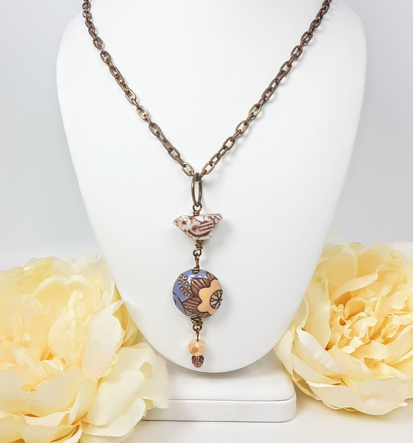 Bird + Peach Flower On Lavender Pendant Necklace
