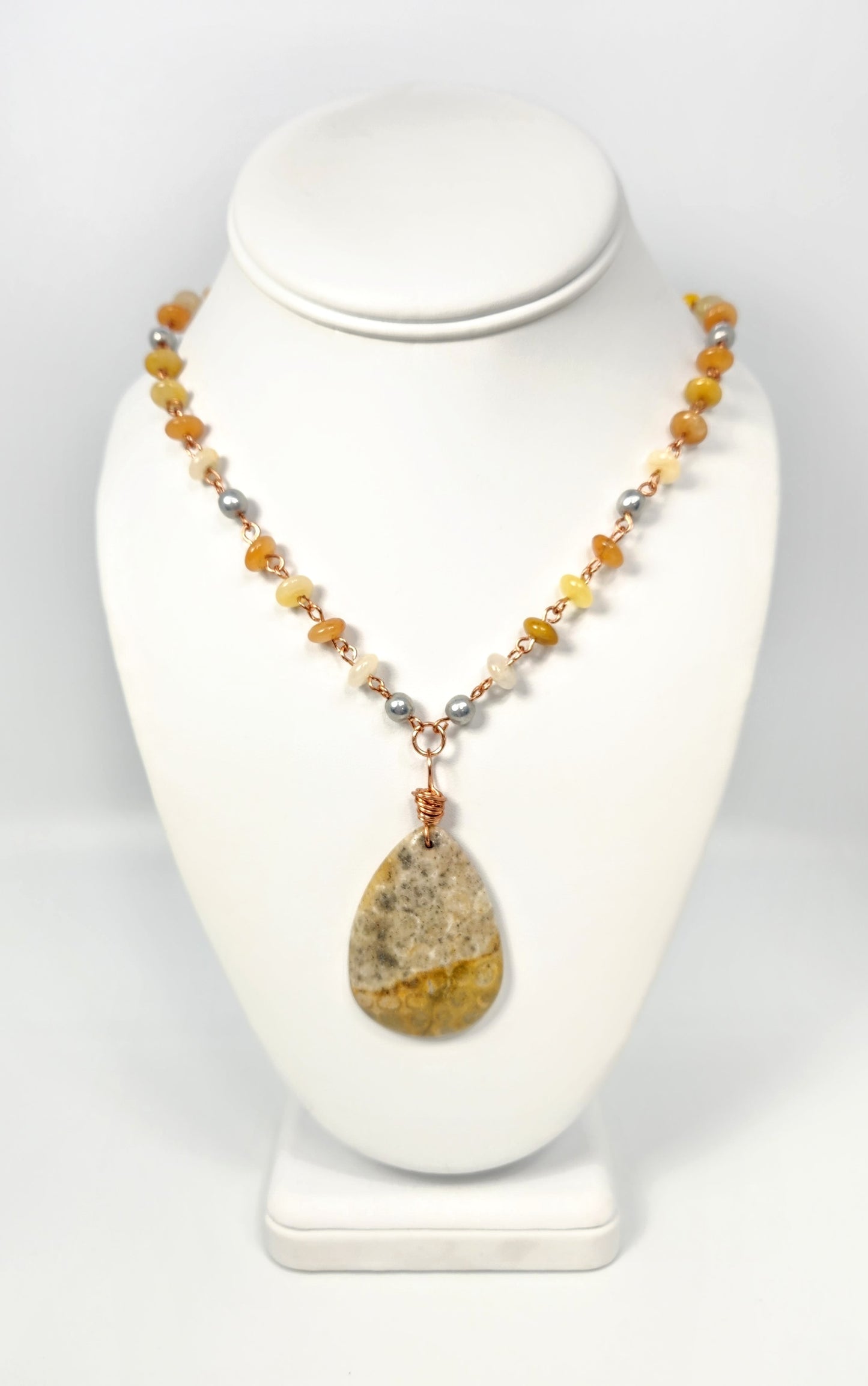 Yellow Jade + Coral Fossil Pendant Necklace