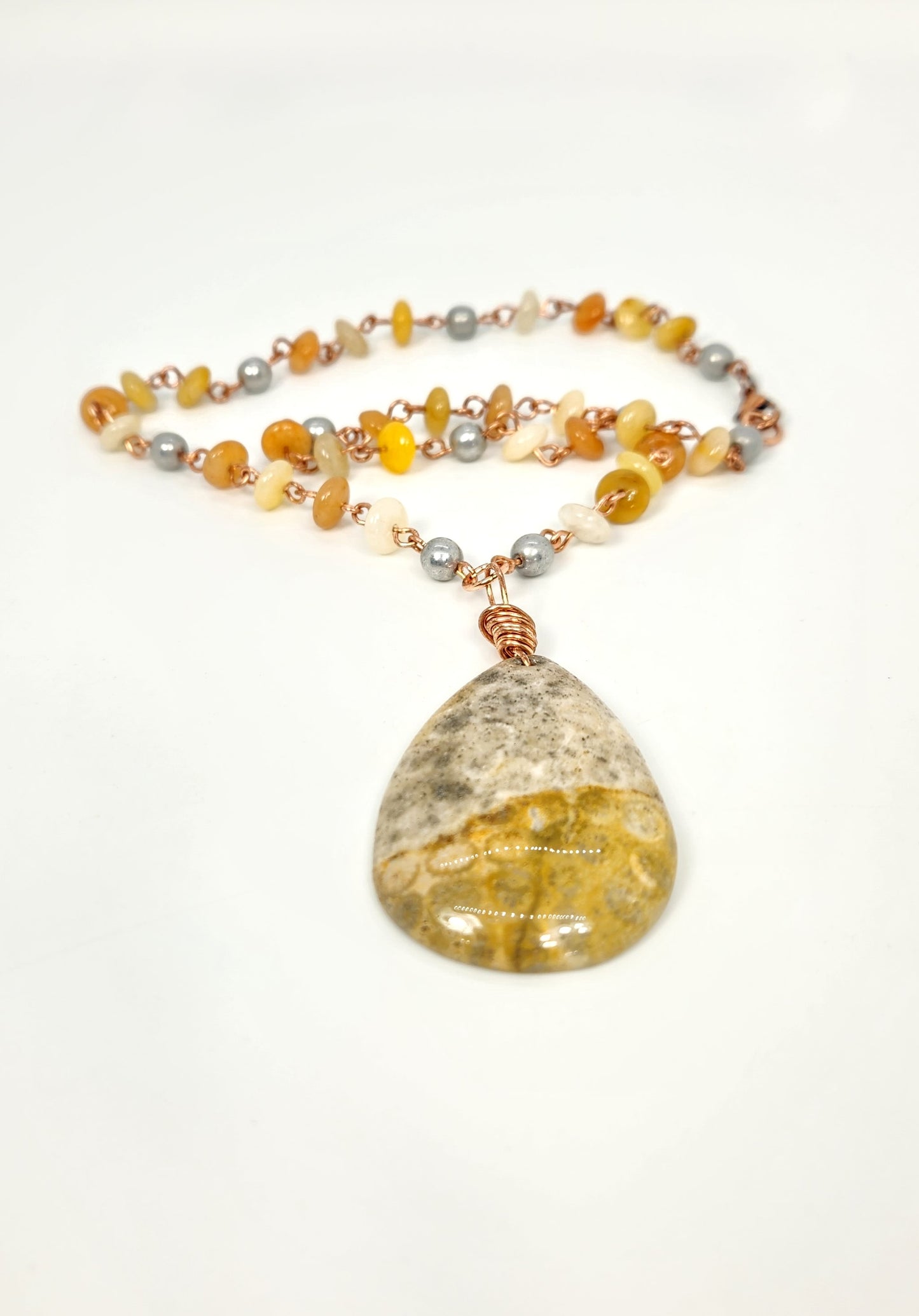 Yellow Jade + Coral Fossil Pendant Necklace