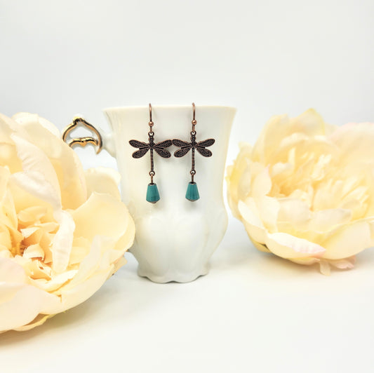 Tiny Copper Dragonfly + Vintage Teal Teardrop Earrings