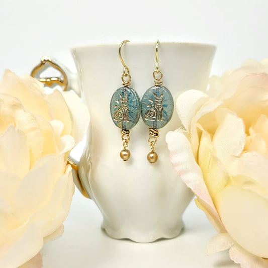 Egyptian Cat on Sage Earrings