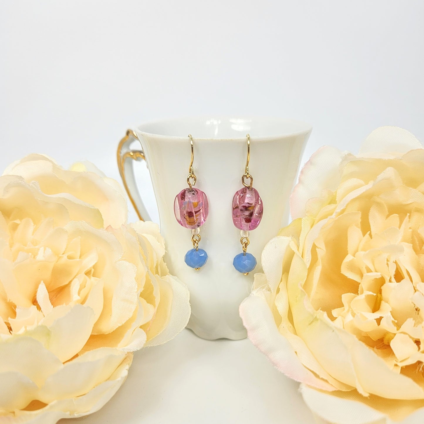Pink Blown Glass + Blue Drop Earrings