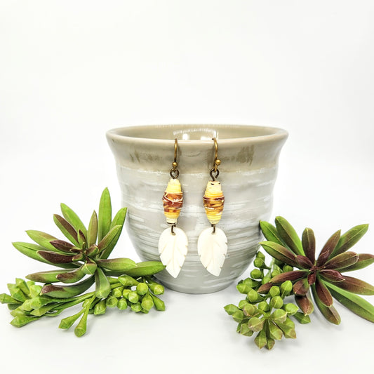 Paper Bead + Mother of Pearl Leaf Earrings