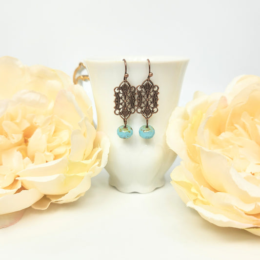 Ornate Filigree Rectangle + Blue Drop Earrings
