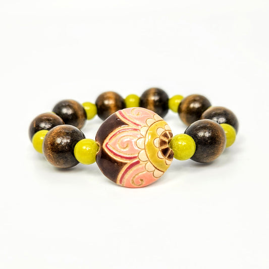 Big Flower + Chartreuse Jade + Wood Bracelet