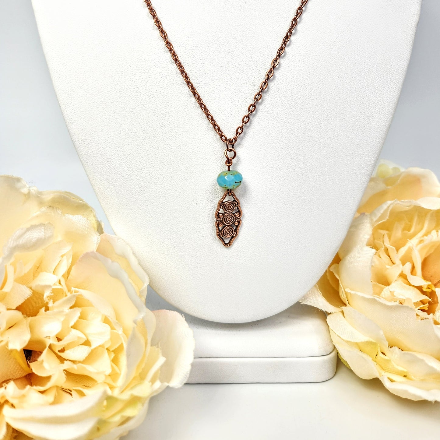 Copper Tone Oval + Blue Necklace