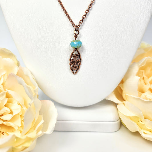Copper Tone Oval + Blue Necklace