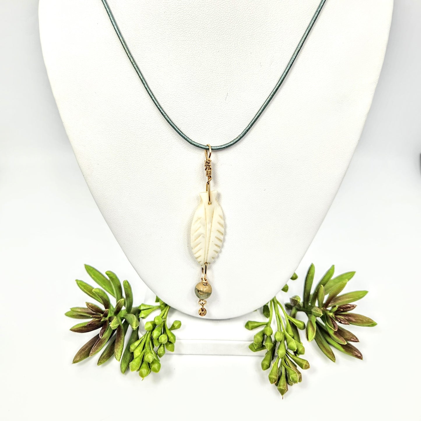 Mother of Pearl Feather + Leather Necklace