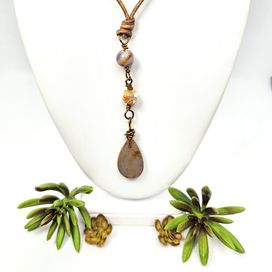 Teardrop + Agate + Mookaite Leather Necklace