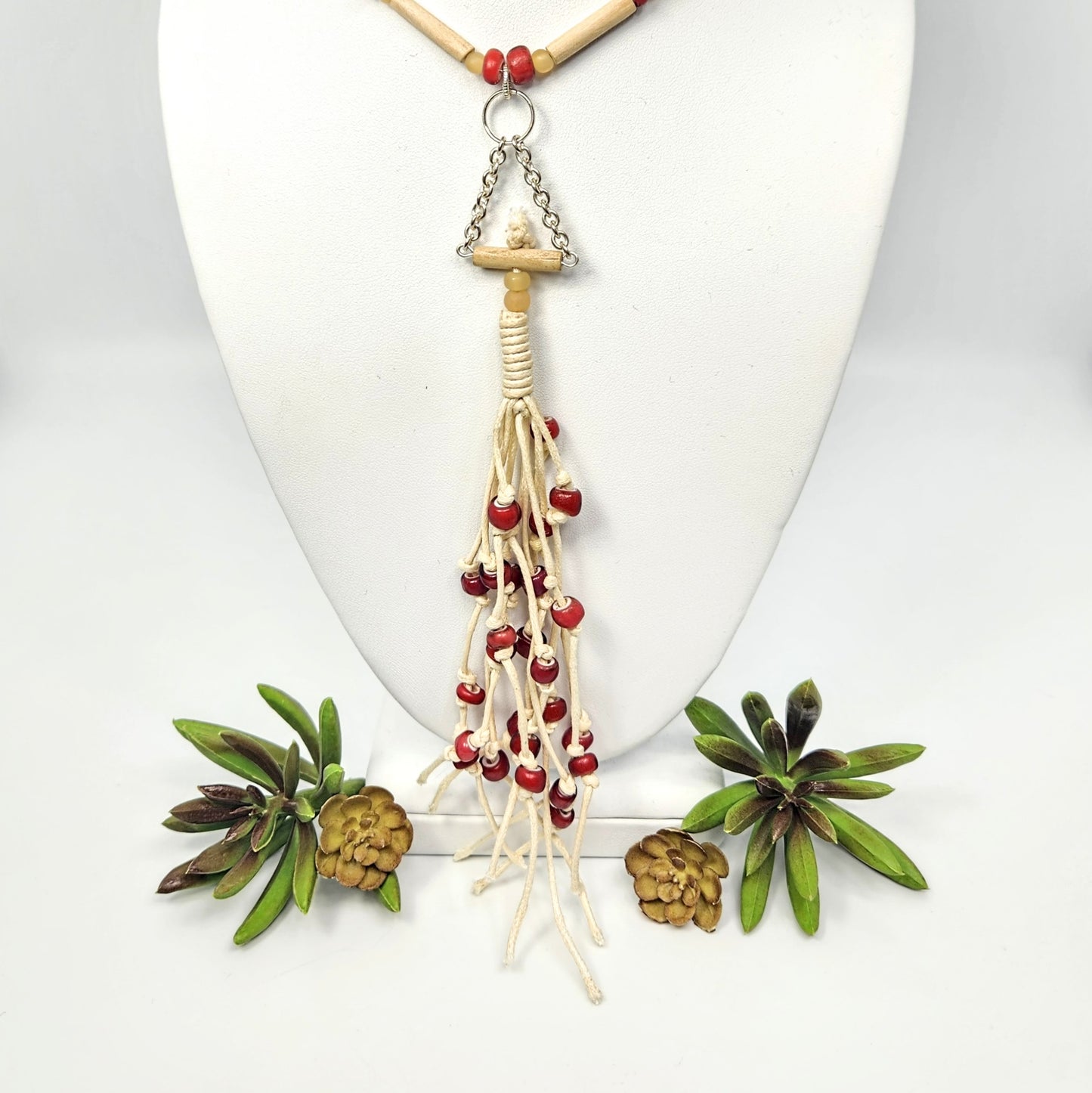Fray Cord + Red + Wood Beaded Necklace