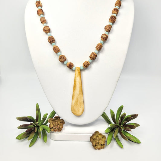 Wood + Pale Blue Dyed Jade Bead Necklace