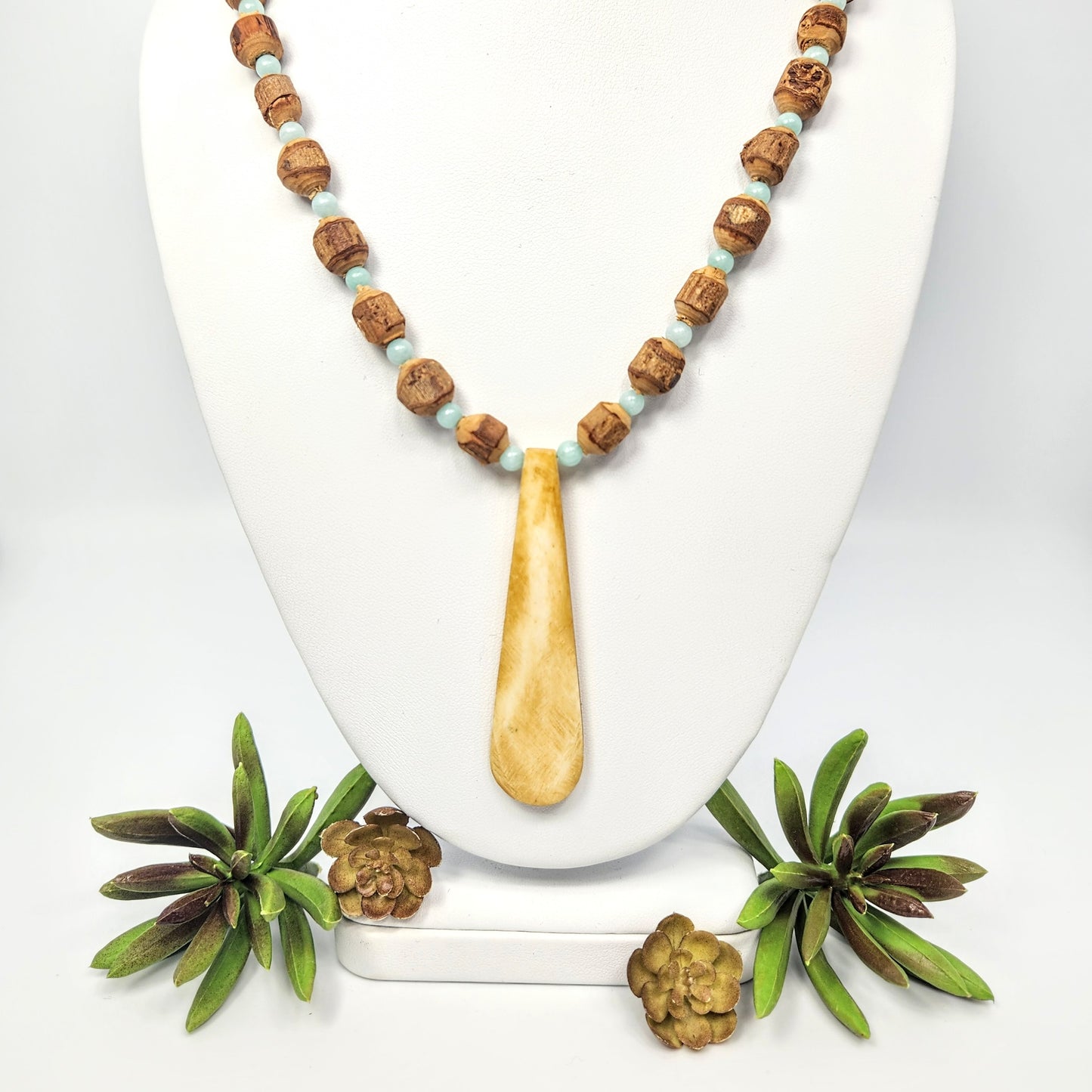 Wood + Pale Blue Dyed Jade Bead Necklace