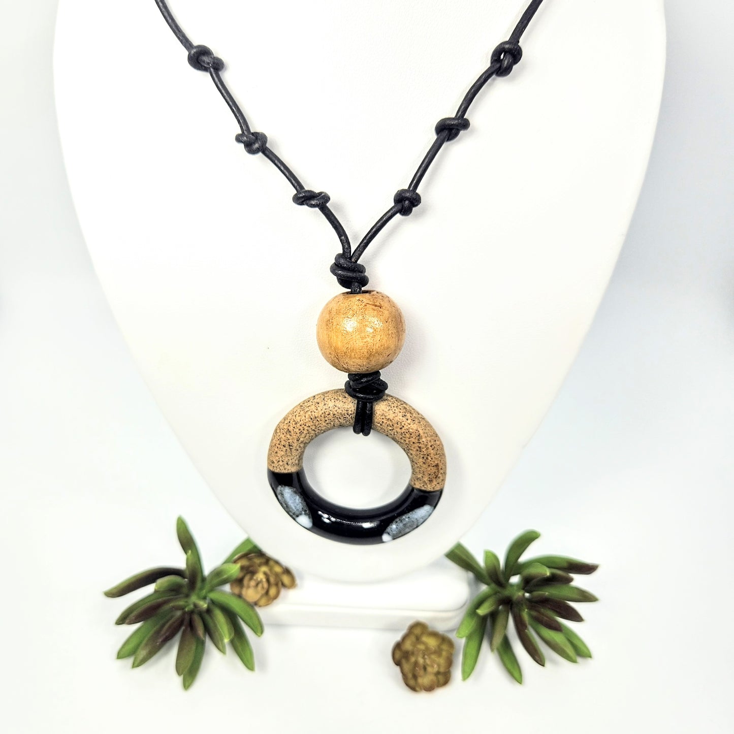 Porcelain Dipped Circle + Leather Necklace