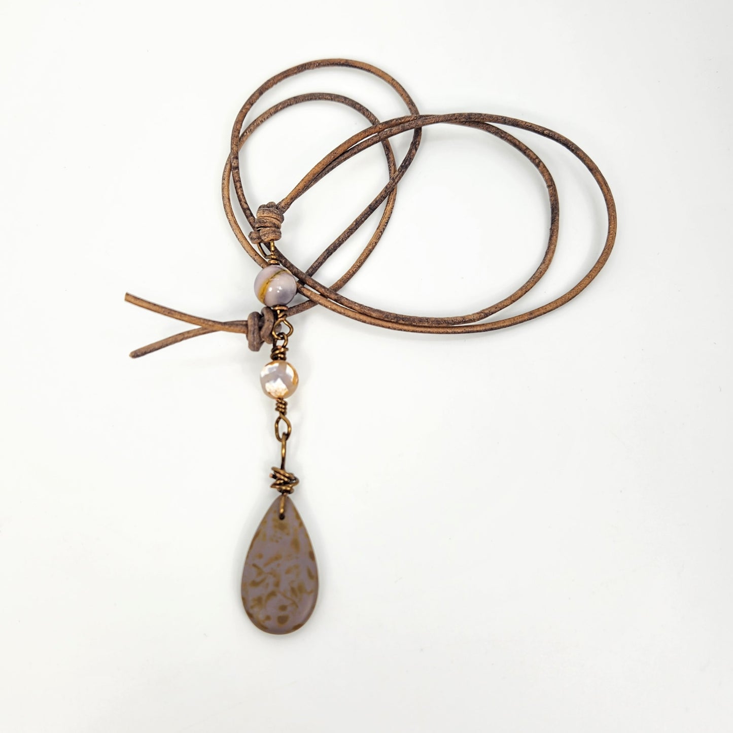Teardrop + Agate + Mookaite Leather Necklace