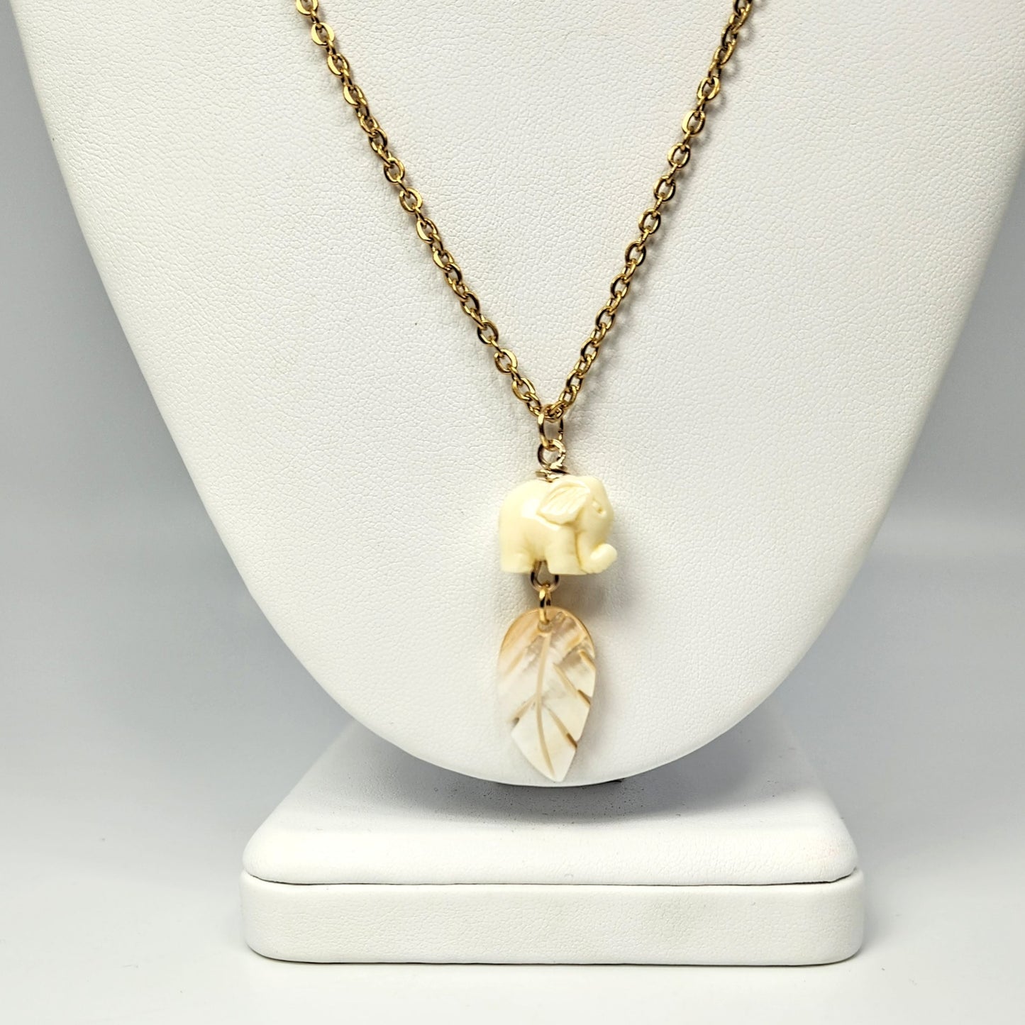 Elephant + Mother of Pearl Leaf Pendant Necklace