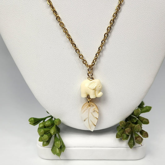 Elephant + Mother of Pearl Leaf Pendant Necklace