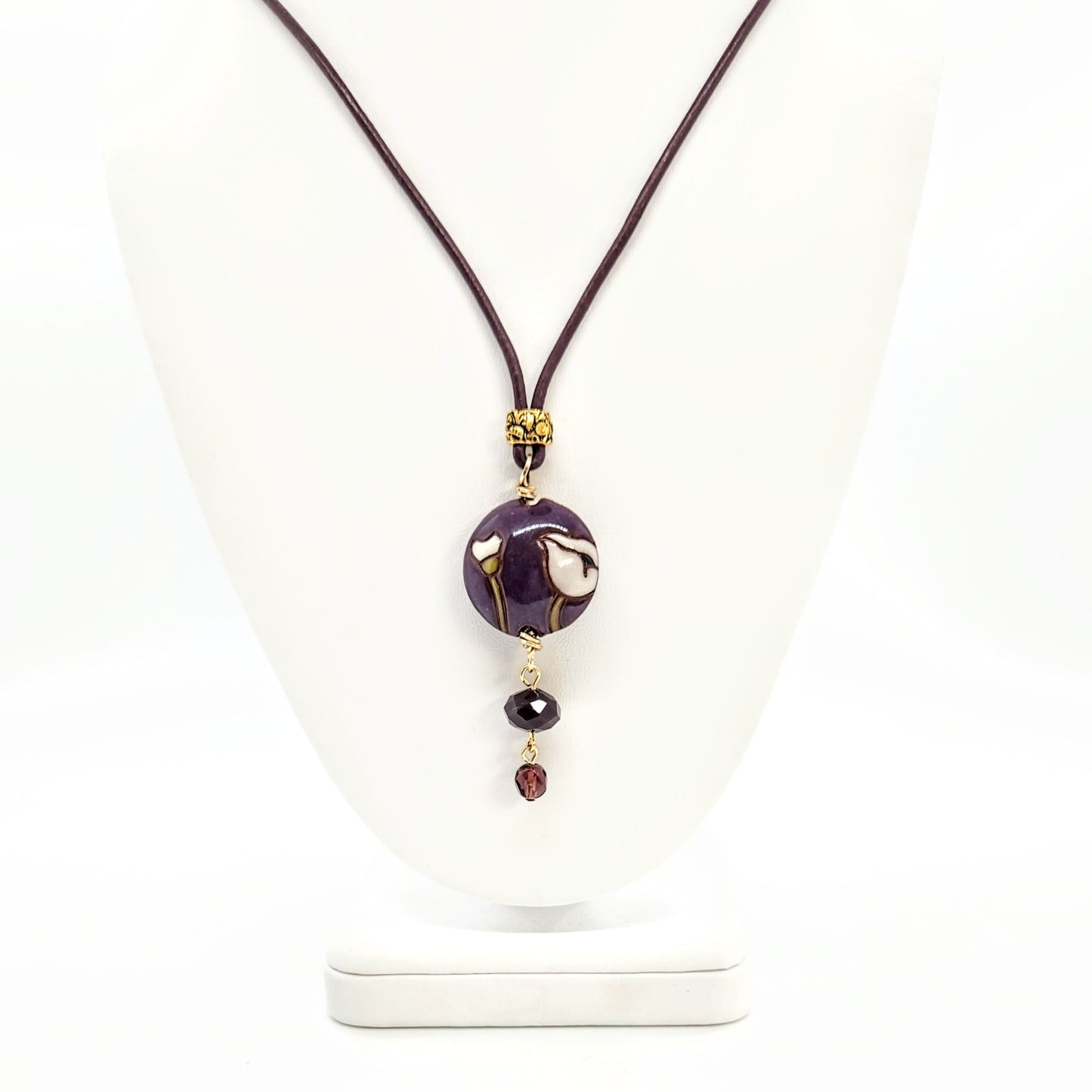 Poppies on Purple + Leather Necklace