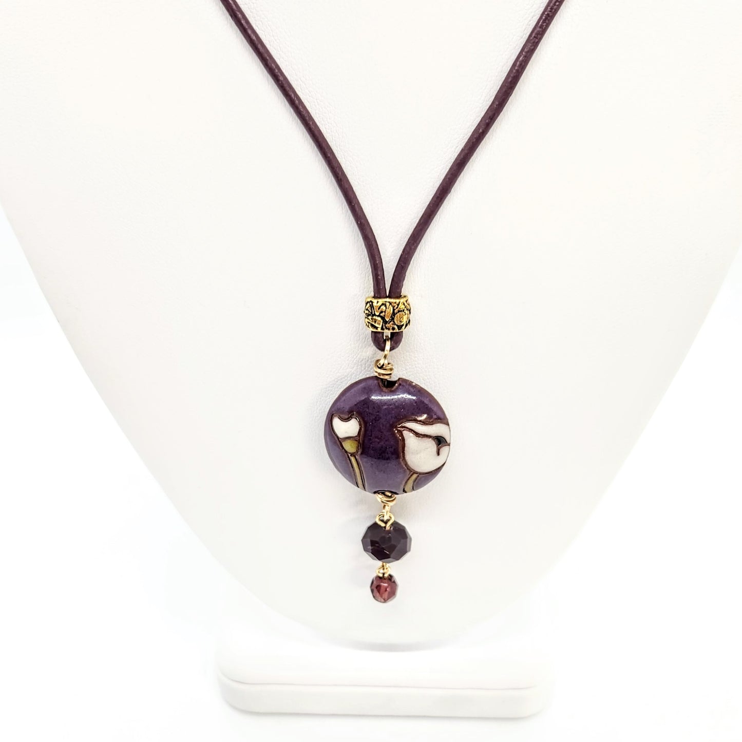 Poppies on Purple + Leather Necklace