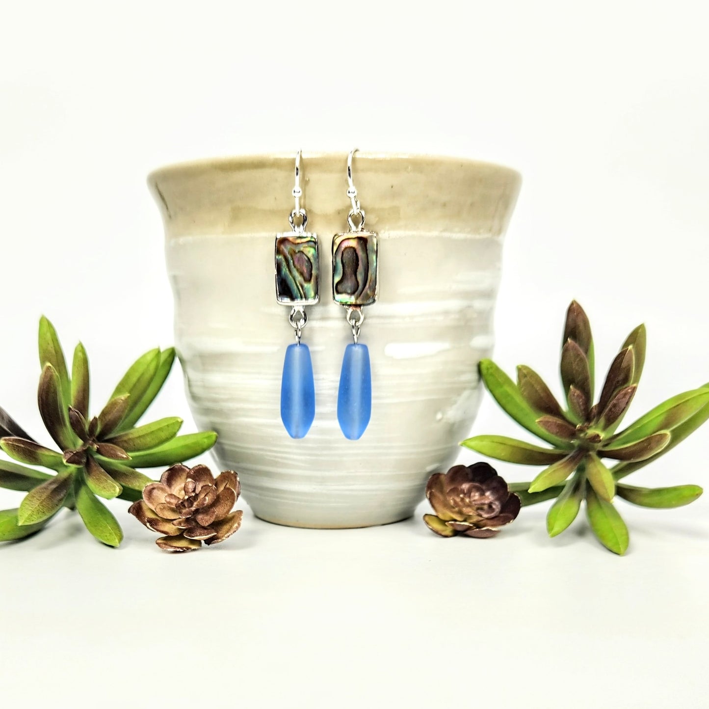 Abalone + Recycled Glass Blue Earrings