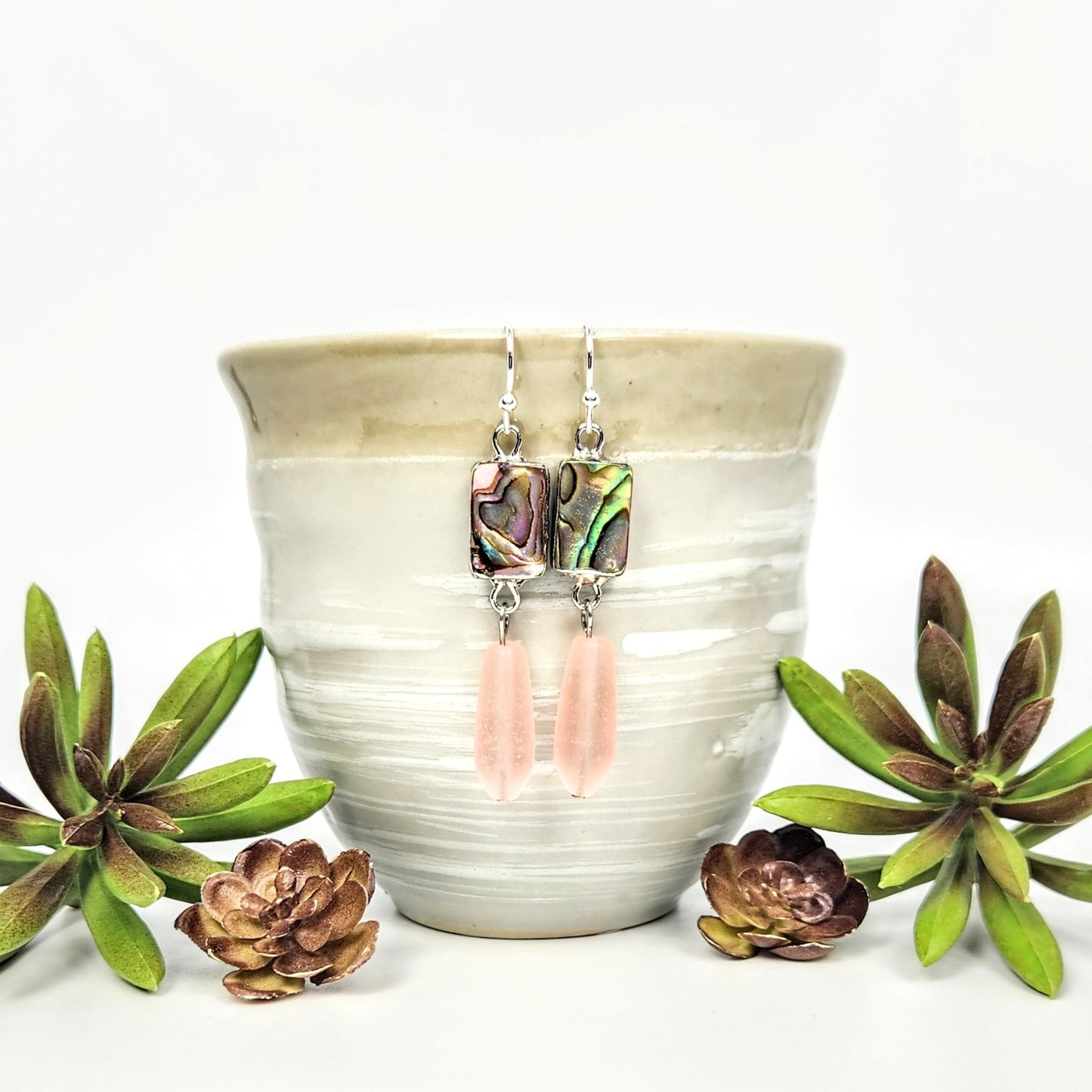 Abalone + Recycled Glass Pink Earrings