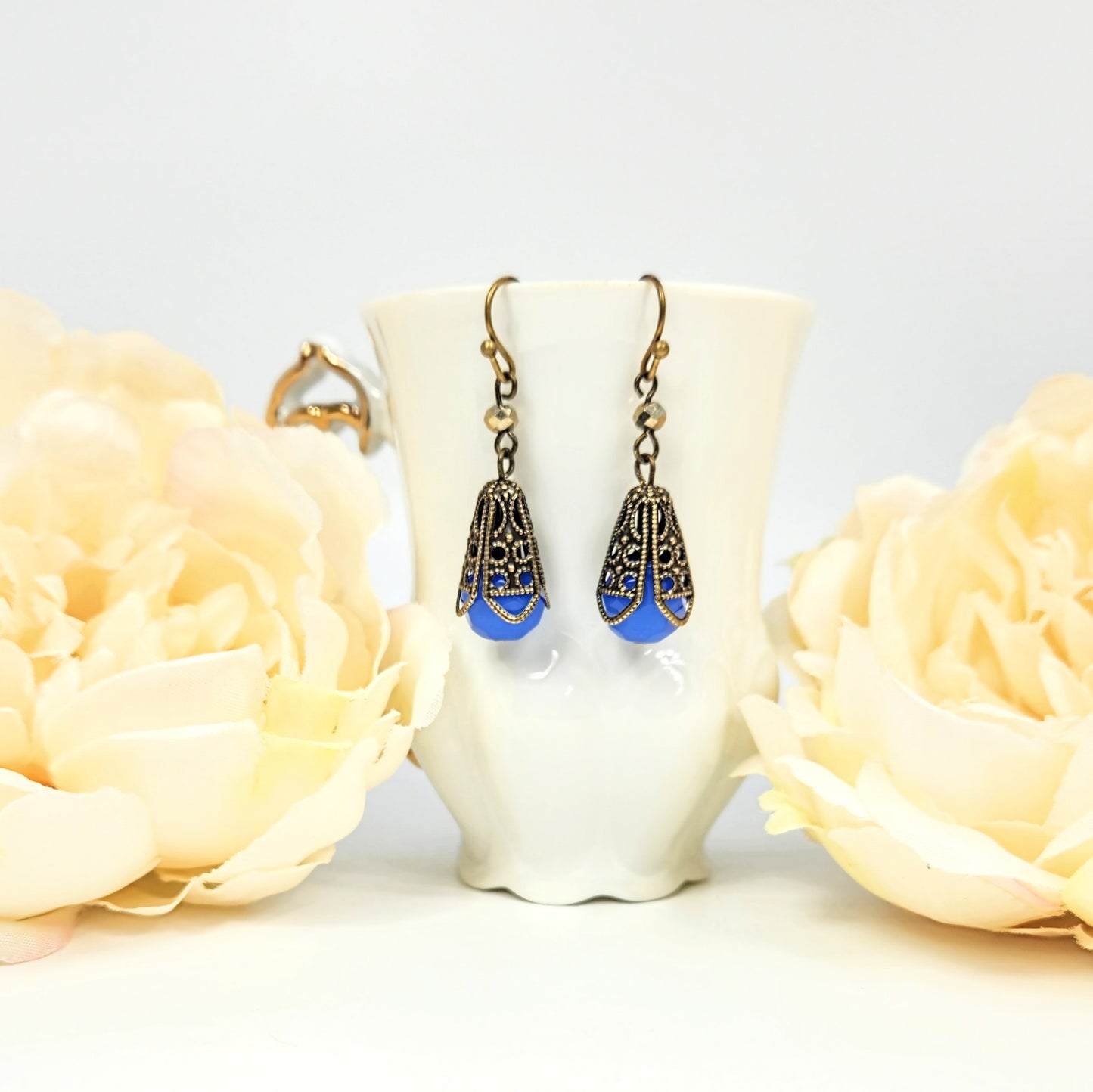 Art Deco Blue + Bead Cap Earrings
