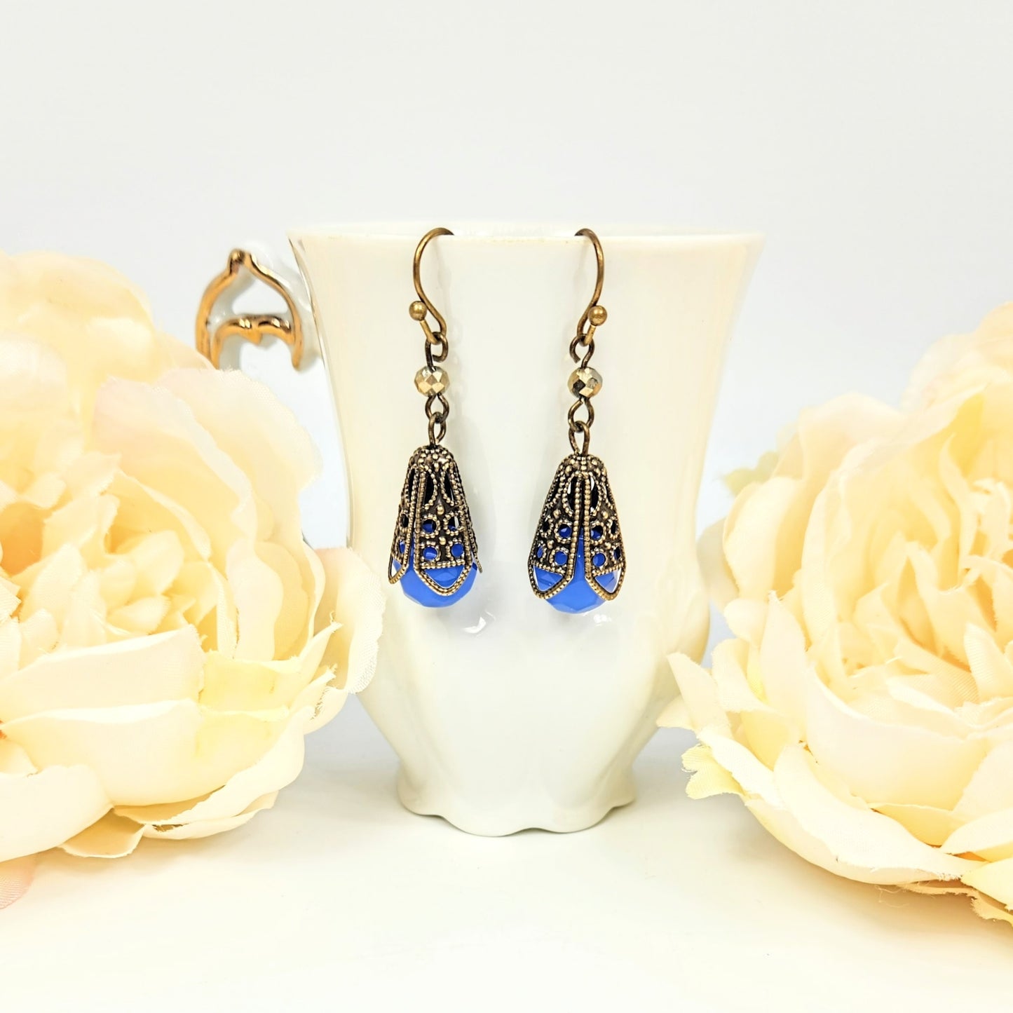 Art Deco Blue + Bead Cap Earrings