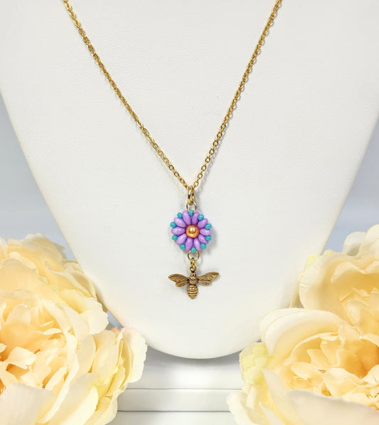 Flower +Vintage Bee Necklace