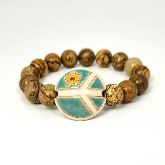 Peace Sign + Picture Jasper Beaded Bracelet