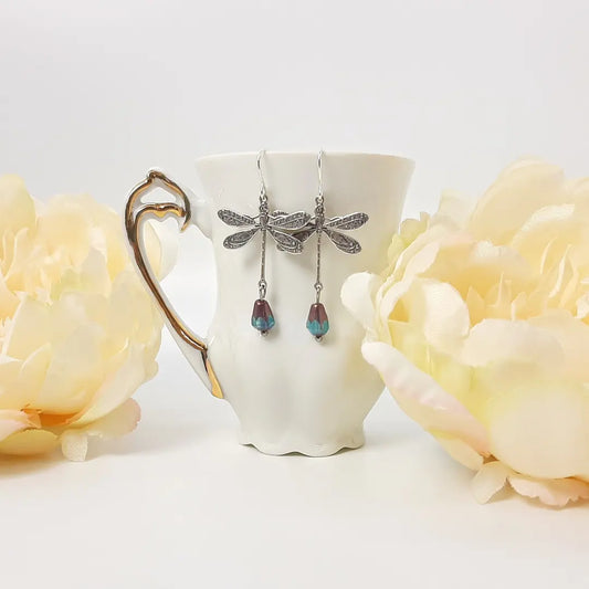 Dragonfly Silver Tone + Teardrop Cornflower Blue Earrings