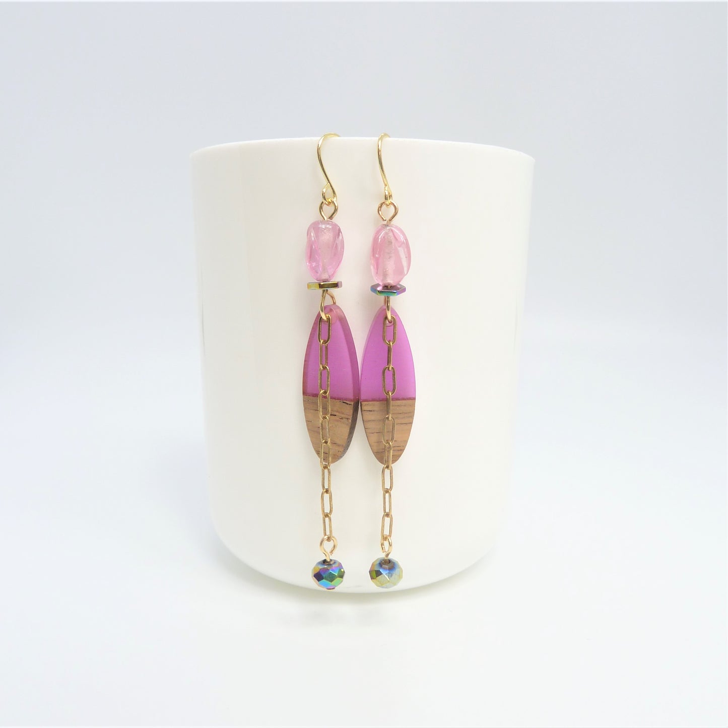 Wood + Resin Pink Oval + Chain Earrings