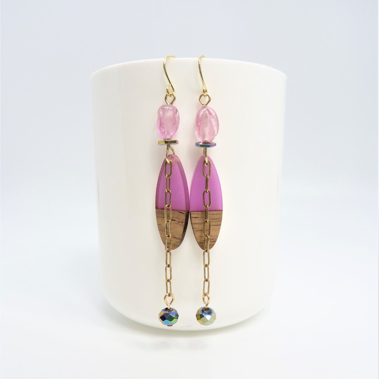 Wood + Resin Pink Oval + Chain Earrings