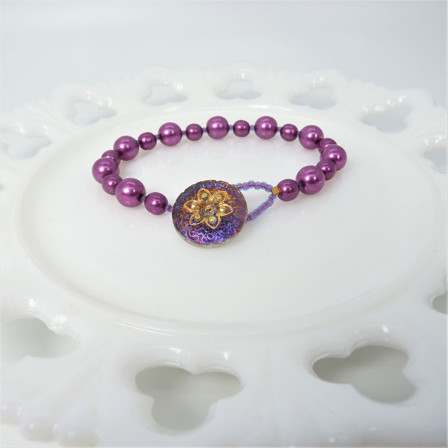 Violet Czech Glass Beads + Czech Glass Flower Button Clasp Bracelet