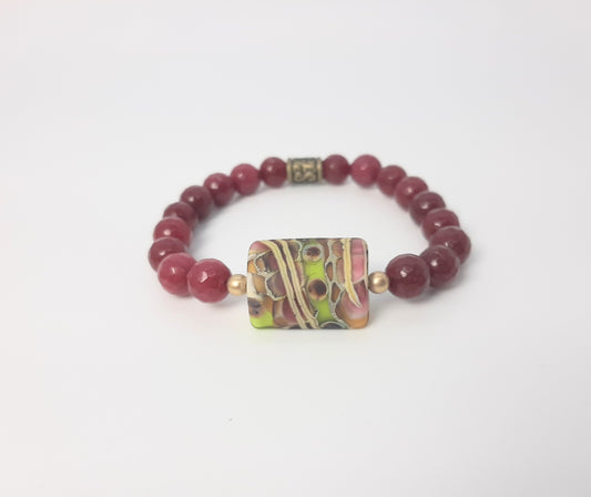 Ruby Dyed Jade + Blown Glass Pillow Focal Bracelet